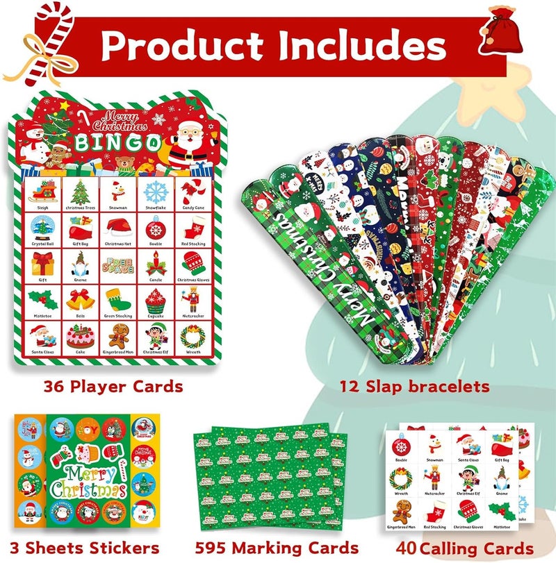 Funnlot Christmas Bingo Game - Christmas Bingo for Kids Adults, 36 Players Bingo Cards Christmas Games with Reward Stickers Christmas Slap Bracelets for Classroom Activities Family Party Favors Xmas Gifts - Image 2